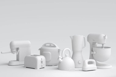 Tek renkli arka planda kahvaltı hazırlamak için elektrikli mutfak aletleri ve aletleri. Pişirme, pişirme, karıştırma ve kırbaçlama için 3D mutfak gereçleri