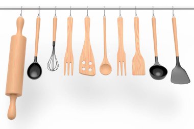 Beyaz arka planda rafta asılı duran hamuru hazırlamak için mutfak gereçleri. Aşçılık, harmanlama ve karıştırma için 3D pişirme süreci adım adım ve aksesuarları