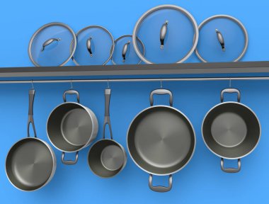 Paslanmaz çelik güveç seti, kızartma tavası ve krom kaplama alüminyum tencere kapağı mavi arka planda rafta asılı. Yapışmayan mutfak gereçlerinin 3D görüntüsü