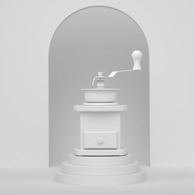 Tek renkli arka planda kahve öğütücüsü olan soyut sahne ya da podyum. Ürün sunumu için 3d görüntü oluşturma veya mutfak aletleri ürününü sahnede, kaidede veya platformda göstermek