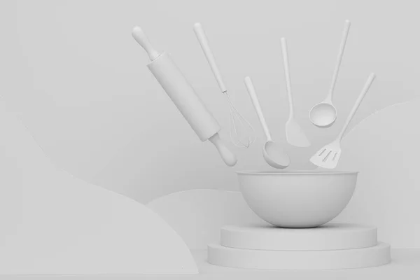 Абстрактная Сцена Трибуна Посудой Кухонной Утварью Монохромном Фоне Визуализация Сцены Стоковое Изображение
