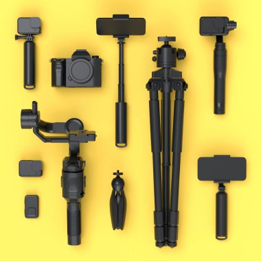 Top view of monochrome designer workspace and gear like nonexistent DSLR camera, steadicam, tripod and selfie stick on yellow background. 3d render of accessories for illustrator and photography