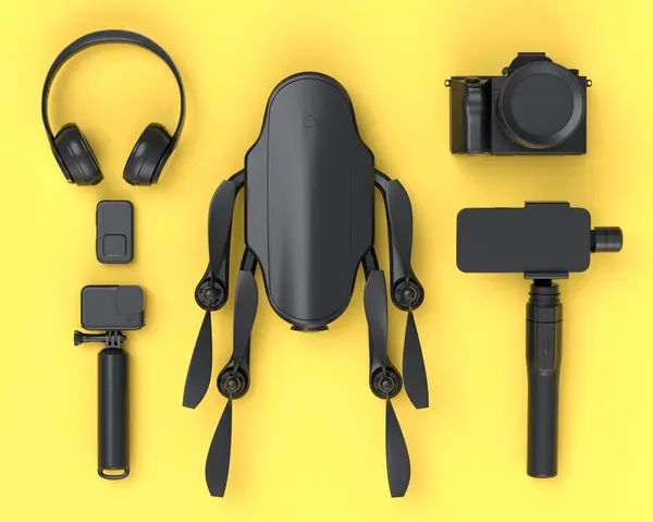 Top view of monochrome designer workspace and gear like nonexistent DSLR camera, headphones, drone and action camera on selfie stick on yellow background. 3d render of accessories and photography