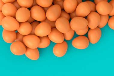 Birçok çiftlik organik kahverengi tavuk yumurtası arka planda. Yerel pazar için 3 boyutlu Paskalya konsepti veya organik tarım ürünleri üretimi