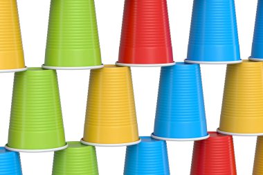 Beyaz arka planda izole edilmiş plastik tek kullanımlık parti bardağı. Üniversite masa tenisi oyunu için 3D paket cam.