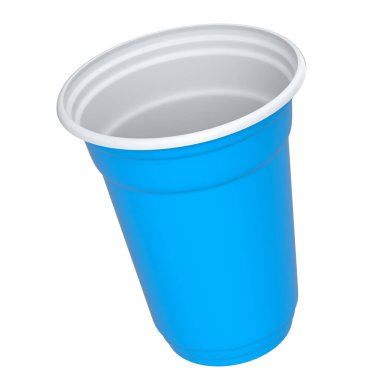 Plastik tek kullanımlık parti bardağı beyaz arka planda izole edilmiş. Meyve suyu, taze, bira için 3D servis bardağı.