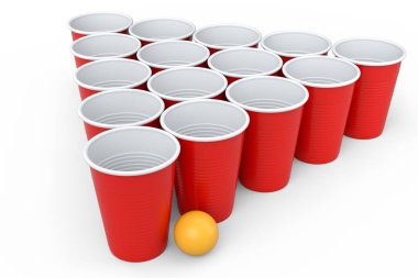 Beyaz arka planda izole edilmiş plastik tek kullanımlık parti bardağı. Üniversite masa tenisi oyunu için 3D paket cam.