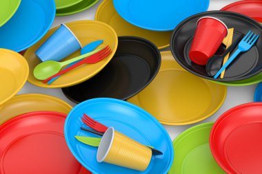 Heap of disposable utensils like plate, folk, spoon,knife and cup on white background. 3d render concept of save the earth and zero waste