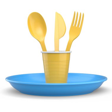 Set of disposable utensils like plate, folk, spoon,knife and cup on white background. 3d render concept of save the earth and zero waste