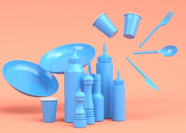 Tek renk arka planda tabak, kaşık, bıçak, bardak, biber ve tuz değirmeni gibi tek kullanımlık aletler. 3D dünyayı kurtarma ve sıfır atık kavramı