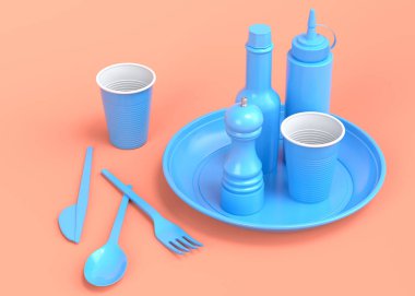 Tek renk arka planda tabak, kaşık, bıçak, bardak, biber ve tuz değirmeni gibi tek kullanımlık aletler. 3D dünyayı kurtarma ve sıfır atık kavramı