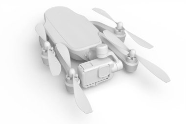 Beyaz monokrom arka planda izole edilmiş aksiyon kameralı uçan fotoğraf ve video drone veya kuadkopter. Dağıtım ya da hava fotoğrafçılığı için 3B aygıt hazırlayıcı