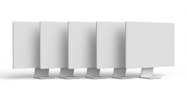 Beyaz monokrom arkaplan üzerinde boş ekran görüntüsü olan masaüstü bilgisayarları kümesi. Ev stüdyosu çalışma alanı için 3B görüntüleme