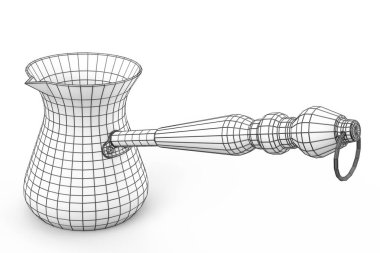 Kumda pişirilen Türk kahvesi ya da beyaz arka planda kahve çekirdeği ile pişirilen kahve. Görünür ve görünmez çizgilerin katmanlarının 3d oluşturma konsepti ayrılır, kablo biçimi