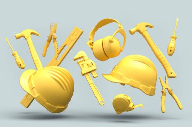 Gri arka planda monokrom tamir ve montaj için uçan inşaat araçları. Tesisatçı ya da tamirci için 3D tasvir ve hizmet afişi