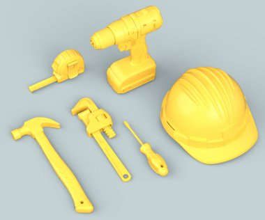 Gri arkaplandaki monokrom inşaat araçlarının üst görüntüsü. Tesisatçı ya da tamirci için 3D tasvir ve hizmet afişi