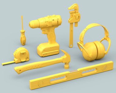 Gri arkaplandaki monokrom inşaat araçlarının üst görüntüsü. Tesisatçı ya da tamirci için 3D tasvir ve hizmet afişi