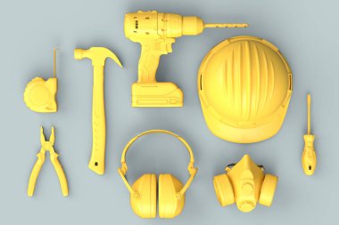 Gri arkaplandaki monokrom inşaat araçlarının üst görüntüsü. Tesisatçı ya da tamirci için 3D tasvir ve hizmet afişi