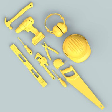 Gri arkaplandaki monokrom inşaat araçlarının üst görüntüsü. Tesisatçı ya da tamirci için 3D tasvir ve hizmet afişi