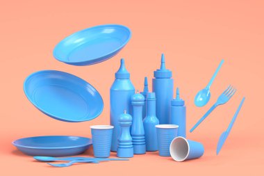 Tek renk arka planda tabak, kaşık, bıçak, bardak, biber ve tuz değirmeni gibi tek kullanımlık aletler. 3D dünyayı kurtarma ve sıfır atık kavramı