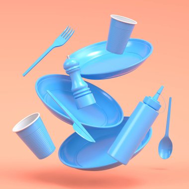 Tek renk arka planda tabak, kaşık, bıçak, bardak, biber ve tuz değirmeni gibi tek kullanımlık aletler. 3D dünyayı kurtarma ve sıfır atık kavramı