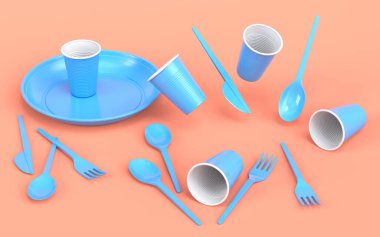 Tek renk arka planda tabak, kaşık, bıçak ve bardak gibi tek kullanımlık aletler. 3D dünyayı kurtarma ve sıfır atık kavramı