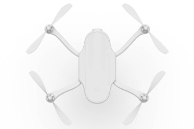 Uçan fotoğraf ve video dronu ya da kuadkopter beyaz monokrom arka planda izole. Dağıtım ya da hava fotoğrafçılığı için 3B aygıt hazırlayıcı