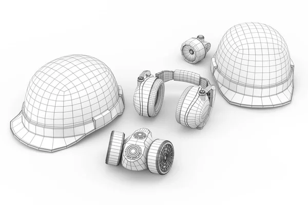 Safety helmet or hard cap, respirator and earphones muffs isolated on white background. 3d render concept of layers of visible and invisible lines are separated, wireframe style