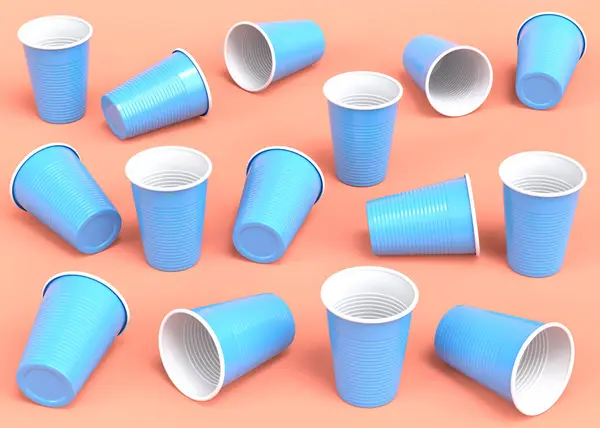 Set of plastic disposable party cup isolated on monochrome background. 3d render of take away glass for juice, fresh, beer