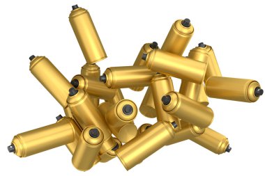 Beyaz arka planda bir sürü uçan sprey boya kutusu var. 3 boyutlu sprey boya şişesi ve beyaz arka planda izole edilmiş sprey boya kutusu. 3D render sprey boya şişesi ve şeker kutusu.