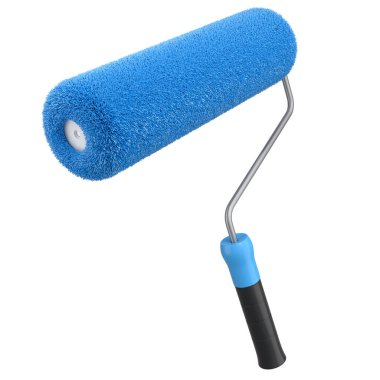 Duvarları boyamak ve beyaz arka plandaki daireyi yenilemek için boya silindiri. 3D render konsepti oda onarımı ve yenileme pankartı