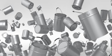 Beyaz arka planda bir sürü uçan metal kutu ya da kova var. 3D yenileme konsepti ve iç tasarım