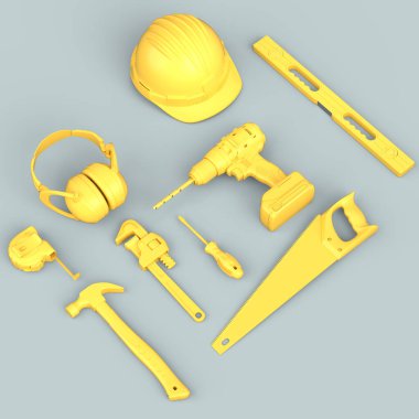 Gri arkaplandaki monokrom inşaat araçlarının üst görüntüsü. Tesisatçı ya da tamirci için 3D tasvir ve hizmet afişi