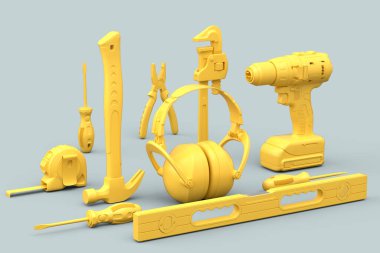 Gri arkaplandaki monokrom inşaat araçlarının üst görüntüsü. Tesisatçı ya da tamirci için 3D tasvir ve hizmet afişi