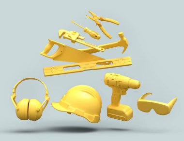 Gri arka planda monokrom tamir ve montaj için uçan inşaat araçları. Tesisatçı ya da tamirci için 3D tasvir ve hizmet afişi
