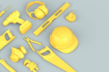 Gri arkaplandaki monokrom inşaat araçlarının üst görüntüsü. Tesisatçı ya da tamirci için 3D tasvir ve hizmet afişi