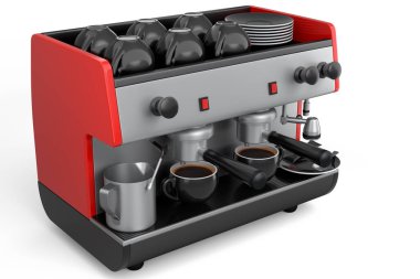 Beyaz arka planda izole edilmiş iki fincan için kornalı profesyonel espresso kahve makinesi. 3D kahve üretimi kavramı ya da ev kahvecisi tasarım şablonunda espresso yapmak