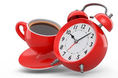 Beyaz arka planda seramik kahve fincanı olan klasik çalar saat. 3D canlandırma konsepti sabah uyanma ve acele et, çevrimiçi alışveriş için satış tanıtım süresi