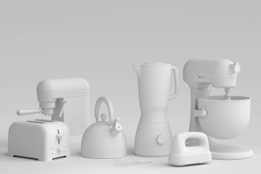 Tek renkli arka planda kahvaltı hazırlamak için elektrikli mutfak aletleri ve aletleri. Pişirme, pişirme, karıştırma ve kırbaçlama için 3D mutfak gereçleri