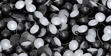 Espresso, kahve, kahve, kakao, çay kaşığı ve siyah arka planda tabaklar için seramik kahve kupası yığını. Geri dönüşüm ambalajı ve çöreğinde 3D konsept paket ve içecek.