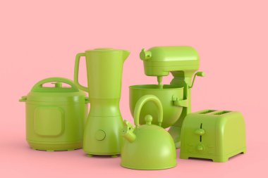 Tek renkli arka planda kahvaltı hazırlamak için elektrikli mutfak aletleri ve aletleri. Pişirme, pişirme, karıştırma ve kırbaçlama için 3D mutfak gereçleri