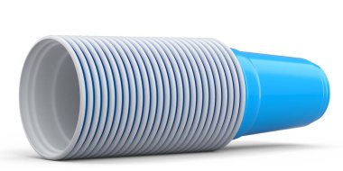Beyaz arka planda izole edilmiş plastik tek kullanımlık parti bardağı. Meyve suyu, taze, bira için 3D servis bardağı.