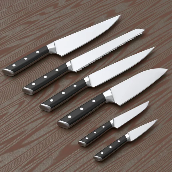 Set of chef\'s kitchen knives on wooden board or background. 3d render of butcher knives or professional kitchen utensils