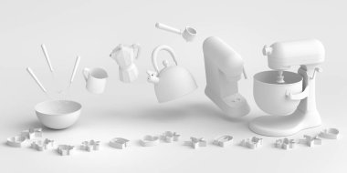 Beyaz arka planda hamur hazırlamak için mutfak gereçleriyle karıştırıcı ve metal kase. Aşçılık, harmanlama ve karıştırma için 3D pişirme süreci adım adım ve aksesuarları