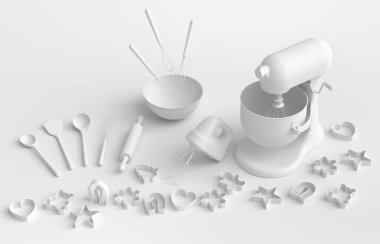 Beyaz arka planda hamur hazırlamak için mutfak gereçleriyle karıştırıcı ve metal kase. Aşçılık, harmanlama ve karıştırma için 3D pişirme süreci adım adım ve aksesuarları