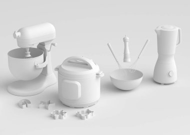 Beyaz arka planda hamur hazırlamak için mutfak gereçleriyle karıştırıcı ve metal kase. Aşçılık, harmanlama ve karıştırma için 3D pişirme süreci adım adım ve aksesuarları