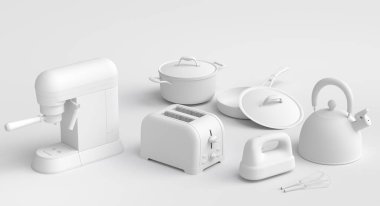 Tek renkli arka planda kahvaltı hazırlamak için elektrikli mutfak aletleri ve aletleri. Pişirme, pişirme, karıştırma ve kırbaçlama için 3D mutfak gereçleri