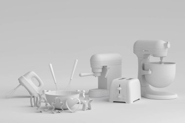 Tek renk arka planda hamur hazırlamak için mutfak gereçleriyle karıştırıcı ve metal kase. Aşçılık, harmanlama ve karıştırma için 3D pişirme süreci adım adım ve aksesuarları