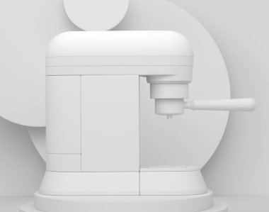 Monokrom arka planında espresso kahve makinesi olan soyut sahne ya da podyum. Ürün sunumu için 3d görüntü oluşturma veya mutfak aletleri ürününü sahnede, kaidede veya platformda göstermek
