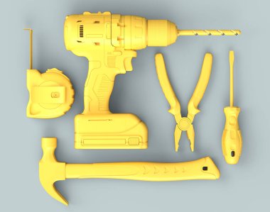 Gri arkaplandaki monokrom inşaat araçlarının üst görüntüsü. Tesisatçı ya da tamirci için 3D tasvir ve hizmet afişi